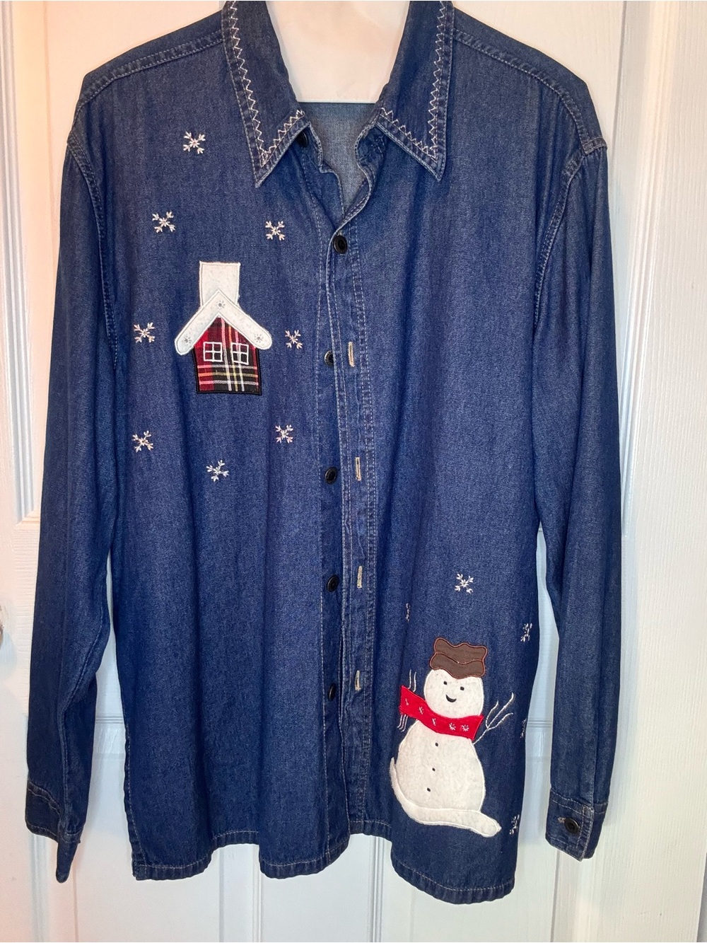 Denim Holiday Shirt with Snowman Embroidery - Blue
